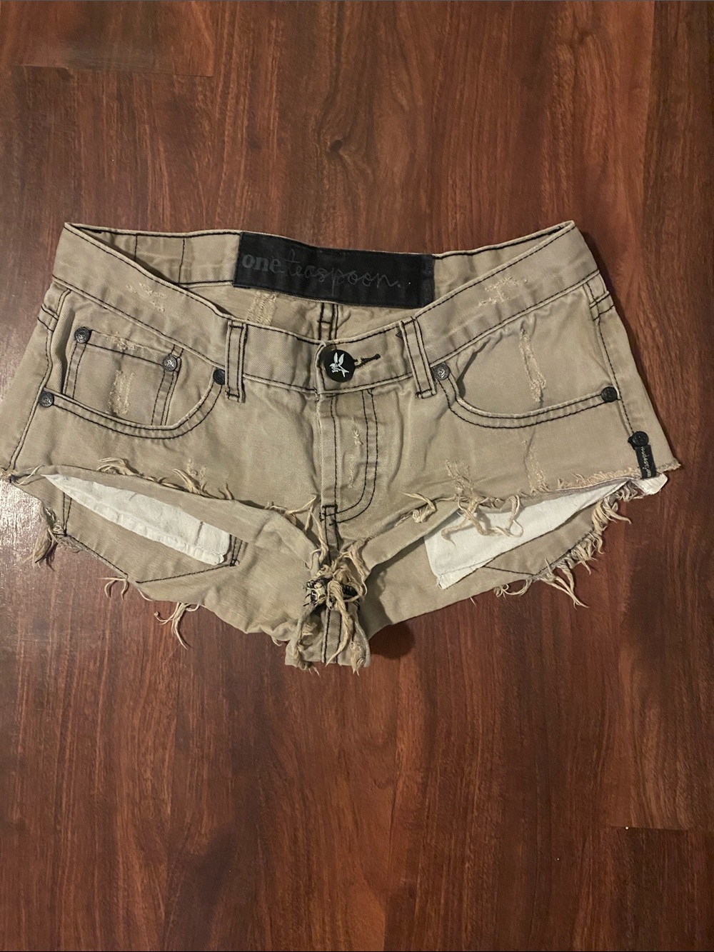 One Teaspoon Tan Frayed Low-Rise Denim Cutoff Shorts